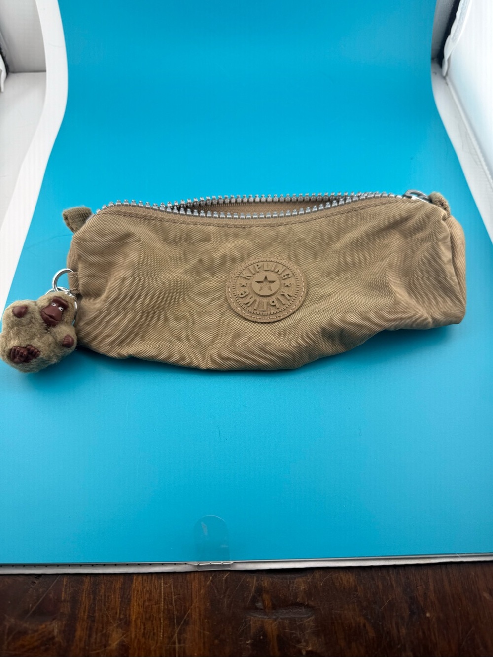Kipling Pencil Case Pouch Beige Taupe Ella Monkey Keychain Cosmetic Makeup Bag